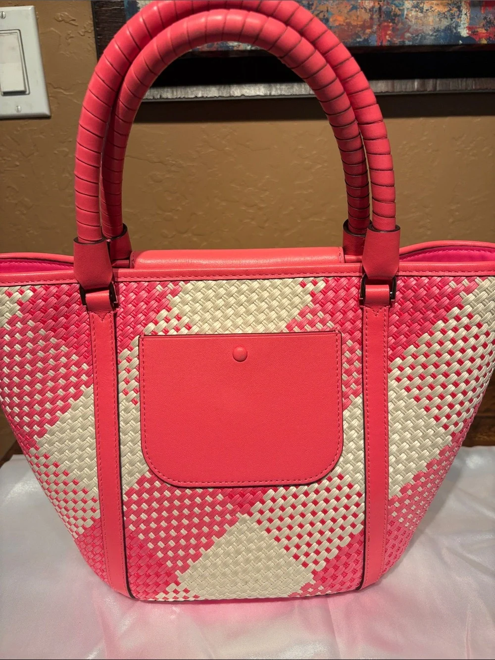 kate spade Cruise Gingham Pink and Cream Woven Tote /Crossbody EUC